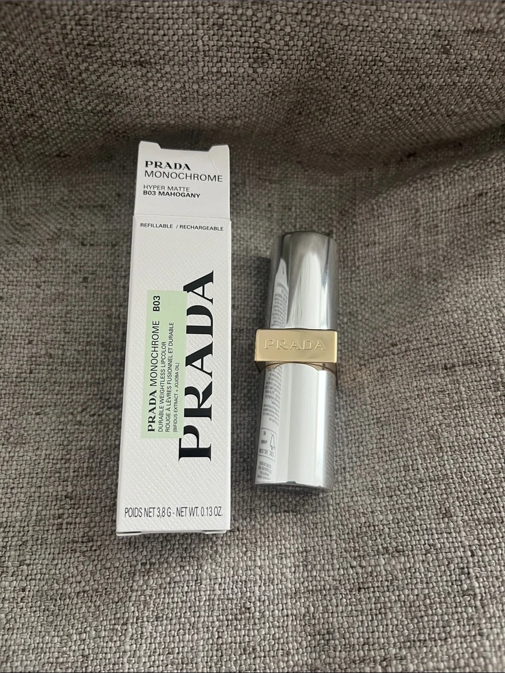 Prada Monochrome Hyper Matte Lipstick B03 Mahogany - Silver & Gold Accents